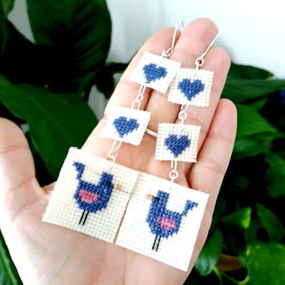 BOGO EARRINGS - Love Birds Cross Stitch Dangle Earrings 5" - Picture 1 of 5